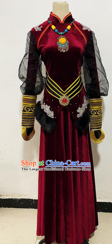 Professional Stage Performance Clothing Chinese Mongol Nationality Dance Wine Red Dress Mongolian Ethnic Woman Costume