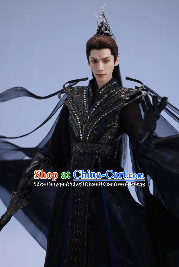 China Ancient Demon Lord Garment Costumes Fantastic TV Series Till The End of The Moon Tantai Jin Black Clothing
