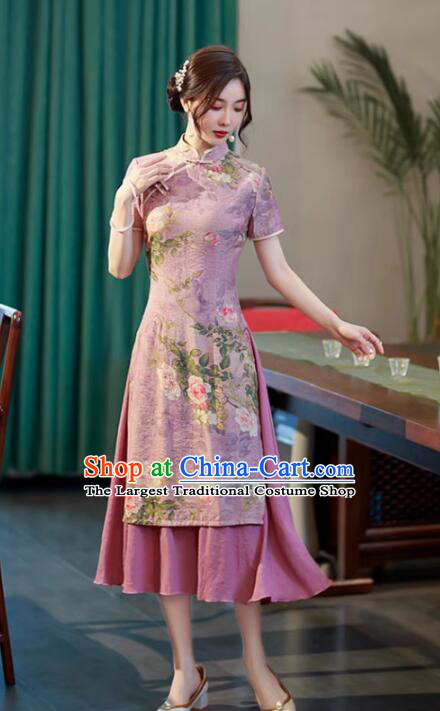 Chinese Classical Lilac Qipao Printing Aodai Dress National Clothing Cheongsam