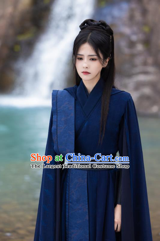 China Ancient Swordswoman Garment Costumes Xianxia Drama Till The End of The Moon Heroine Sang Jiu Dark Blue Outfit