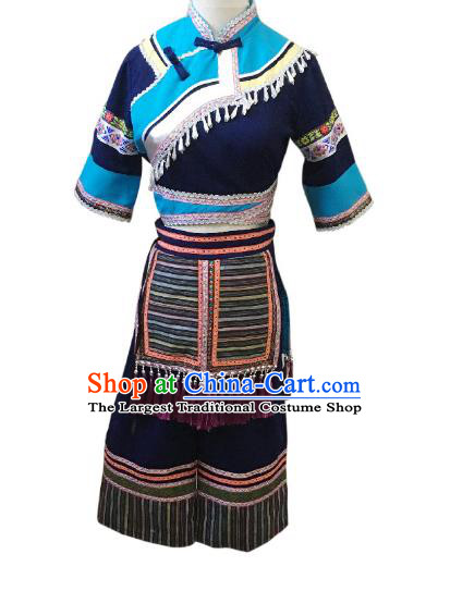 China Zhuang Nationality Folk Dance Navy Outfit Women Group Stage Performance Costume Ethnic Dance Clothing