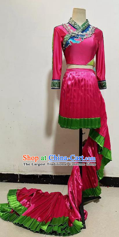 China Miao Nationality Folk Dance Pink Dress Woman Solo Stage Performance Costume Hmong Ethnic Dance Clothing