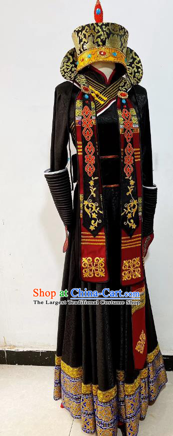 China Mongol Nationality Dance Clothing Taoli Cup Dance Competition Black Dress Mongolian Woman Stage Performance Costume and Headwear