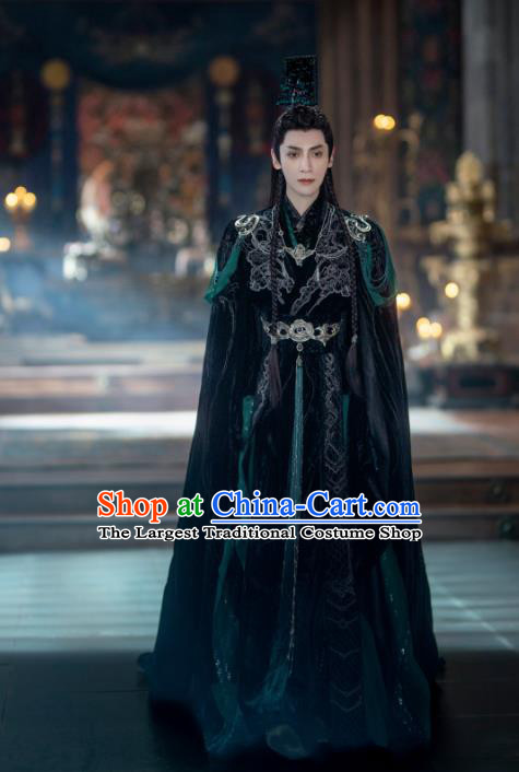 China Ancient Noble Childe Costumes Xianxia Drama Till The End of The Moon Demon Lord Tantai Jin Dark Green Garments