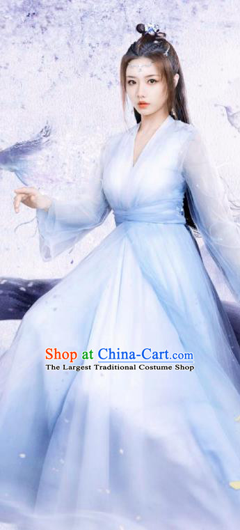 China Ancient Princess Clothing Romantic TV Series Miss The Dragon Qing Qing Blue Dress Fairy Costumes
