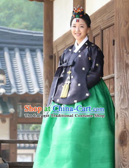 Handmade Court Hanbok Black Top and Green Dress Korean Ancient Bride Clothing Traditional Costumes Complete Set