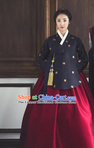 Traditional Woman Costumes Korean Ancient Bride Clothing Handmade Court Hanbok Black Top and Red Dress Complete Set