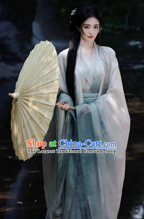 China Ancient Goddess Clothing Traditional Hanfu Light Green Dress Southern and Northern Dynasties Court Princess Costumes