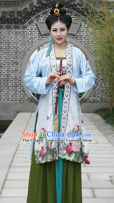 China Traditional Hanfu Blue Beizi and Green Skirt Ming Dynasty Young Woman Costumes Ancient Noble Mistress Clothing