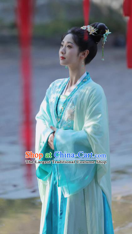 China Ancient Noble Lady Historical Costumes Blue Hanfu Dresses Drama Lost Track of Time Lu Xin Ran Clothing