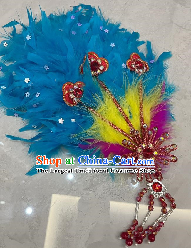 Blue Yangge Crested Head Wearing A Flower Crown With Thicker Feathers And Multi Purpose Peacock Feather Square Dance Hairpin