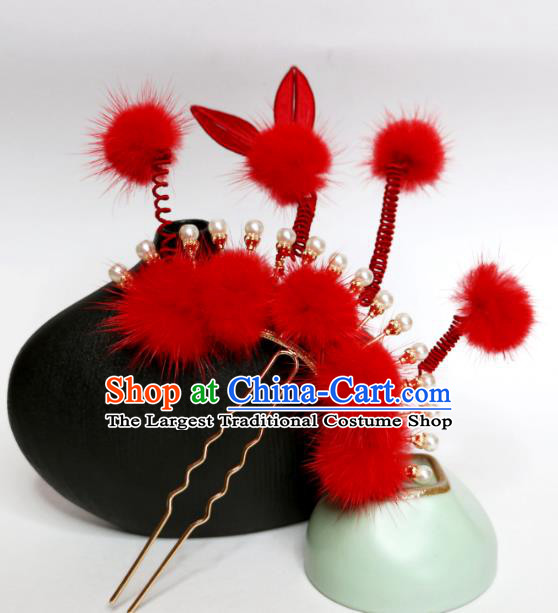 China Ming Dynasty Princess Hairpin Handmade Hanfu Red Rabbit Hair Stick Ancient Young Woman Hair Jewelry