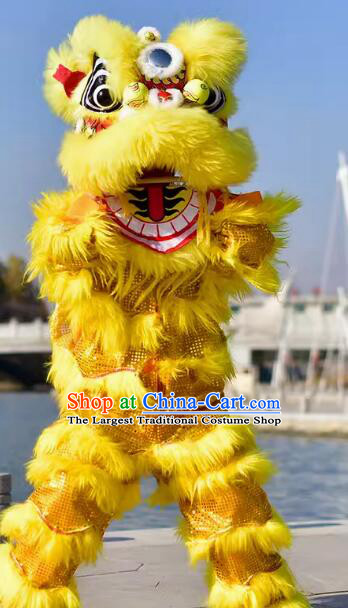 Top Handmade Yellow Wool Lion Chinese Lion Dance Head and Costume Complete Set for One Person