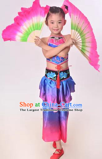 Chinese Yangko Dance Blue Outfit Fan Dance Costumes Folk Dance Clothing Children Top and pants Complete Set