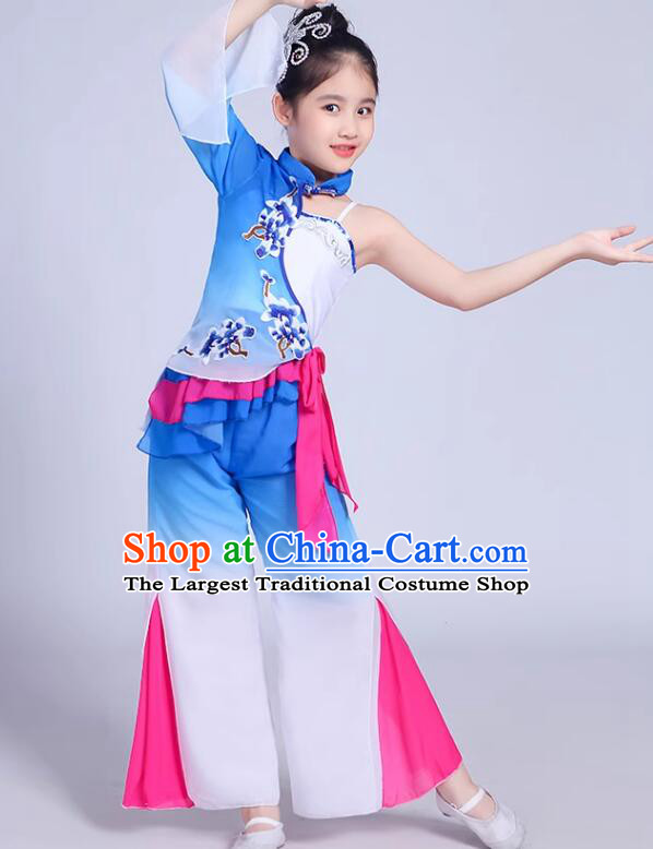 Chinese Children Folk Dance Clothing Yangko Dance Blue Outfit Fan Dance Costumes