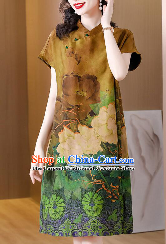 China Classic Qipao Peony Pattern Cheongsam Traditional Clothing Oversize Dress