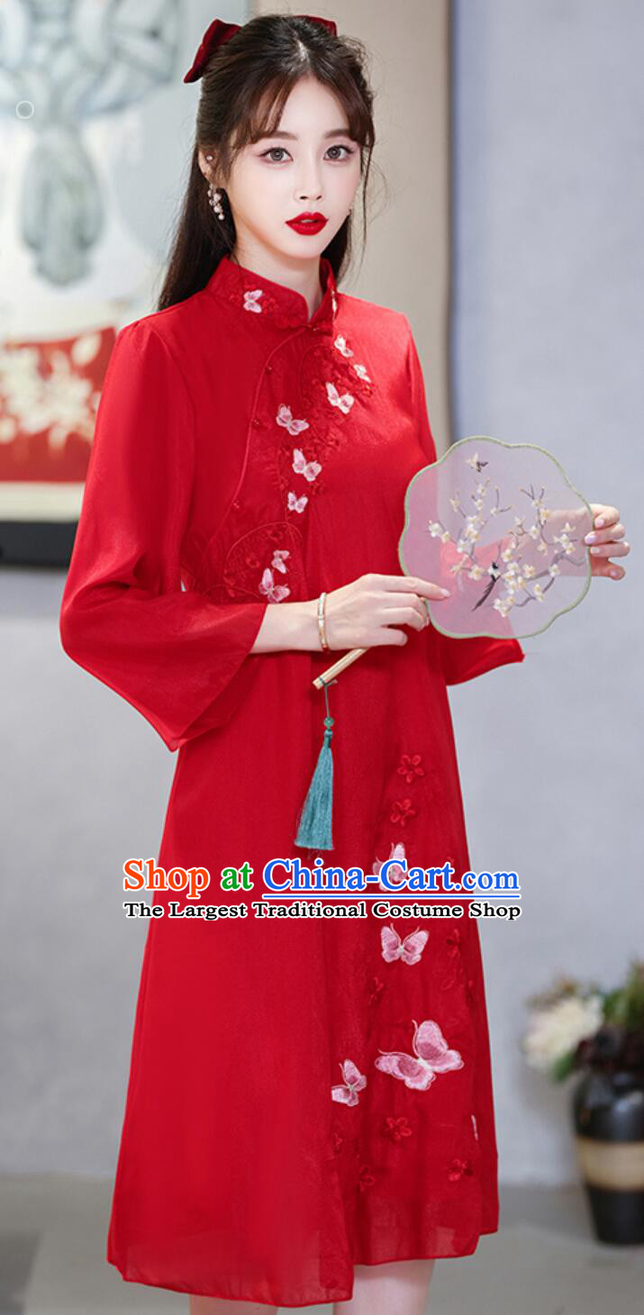 Chinese Modern Qipao Clothing Embroidered Butterfly Red Dress China Style Cheongsam