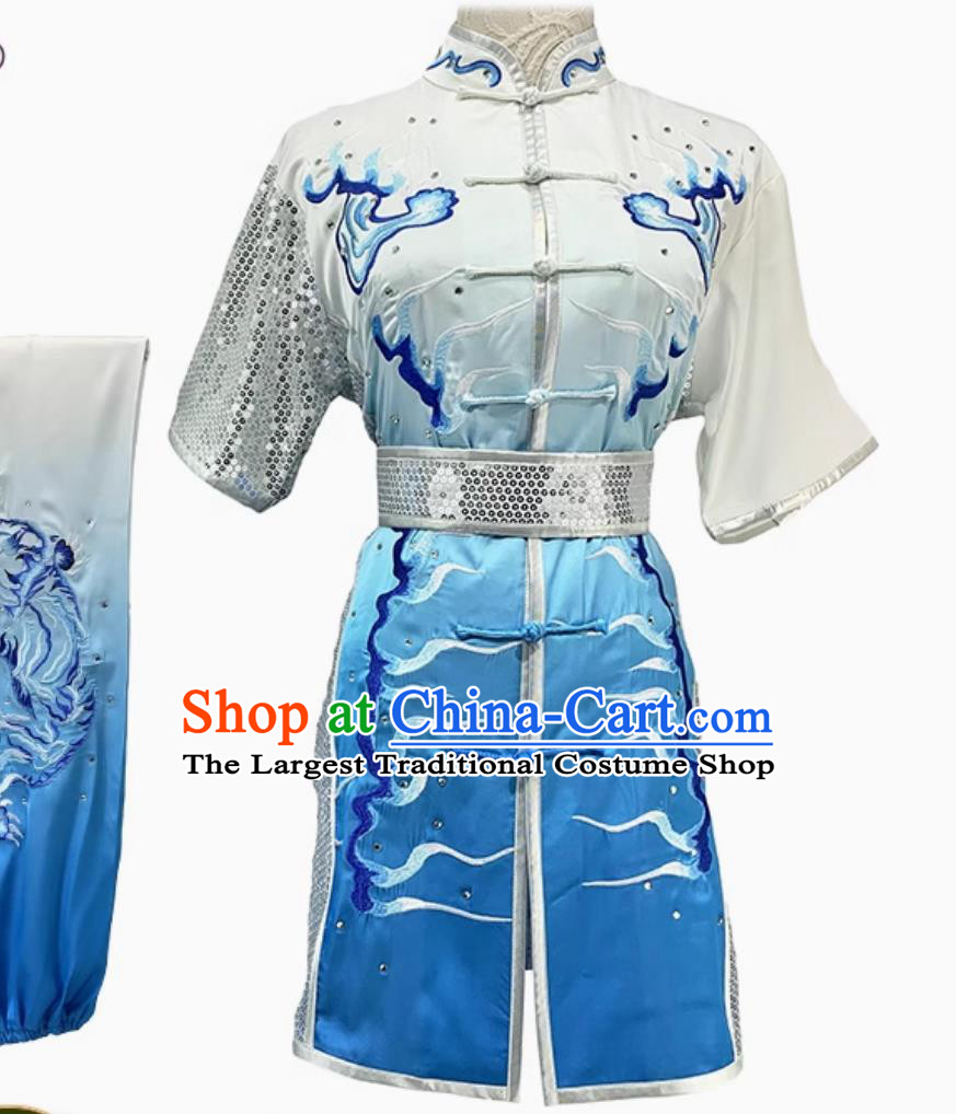 Chinese Wushu Tournament Light Blue Outfit Embroidered Tiger Changquan Competition Clothing Traditional Kung Fu Costume Martial Arts Taolu Uniform