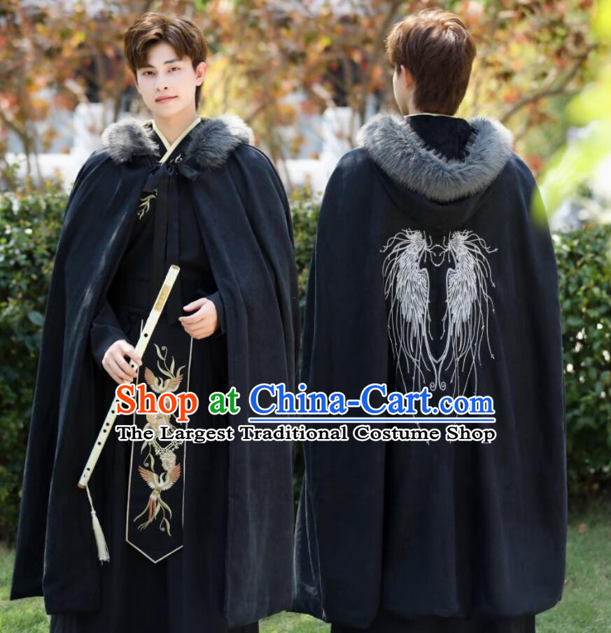 Handmade China Embroidered Black Woolen Long Cloak Traditional Chinese Hanfu Mantle Ancient Swordsman Costume