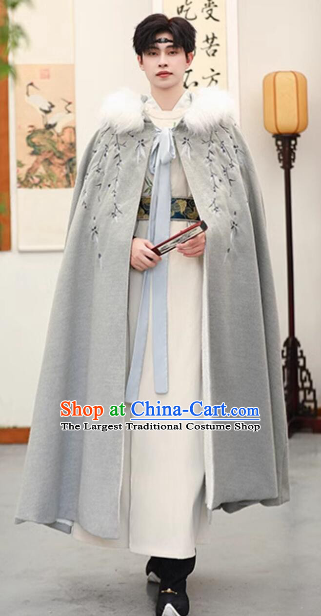 Traditional Chinese Hanfu Mantle China Ancient Swordsman Costume Handmade Embroidered Grey Woolen Long Cloak