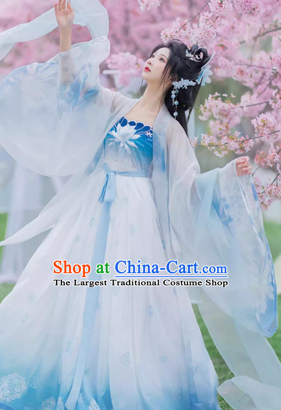 Ancient China Flower Fairy Costume Chinese Traditional Blue Hanfu Dress Tang Dynasty Princess Embroidered Clothing