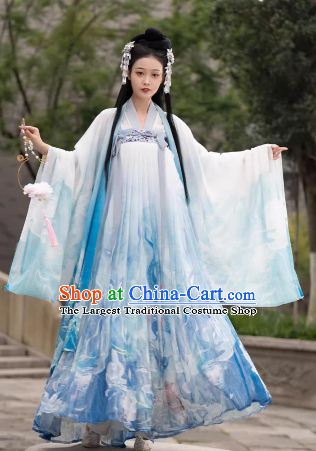 Ancient China Young Woman Costume Chinese Tang Dynasty Clothing Traditional Blue Hanfu Dresses