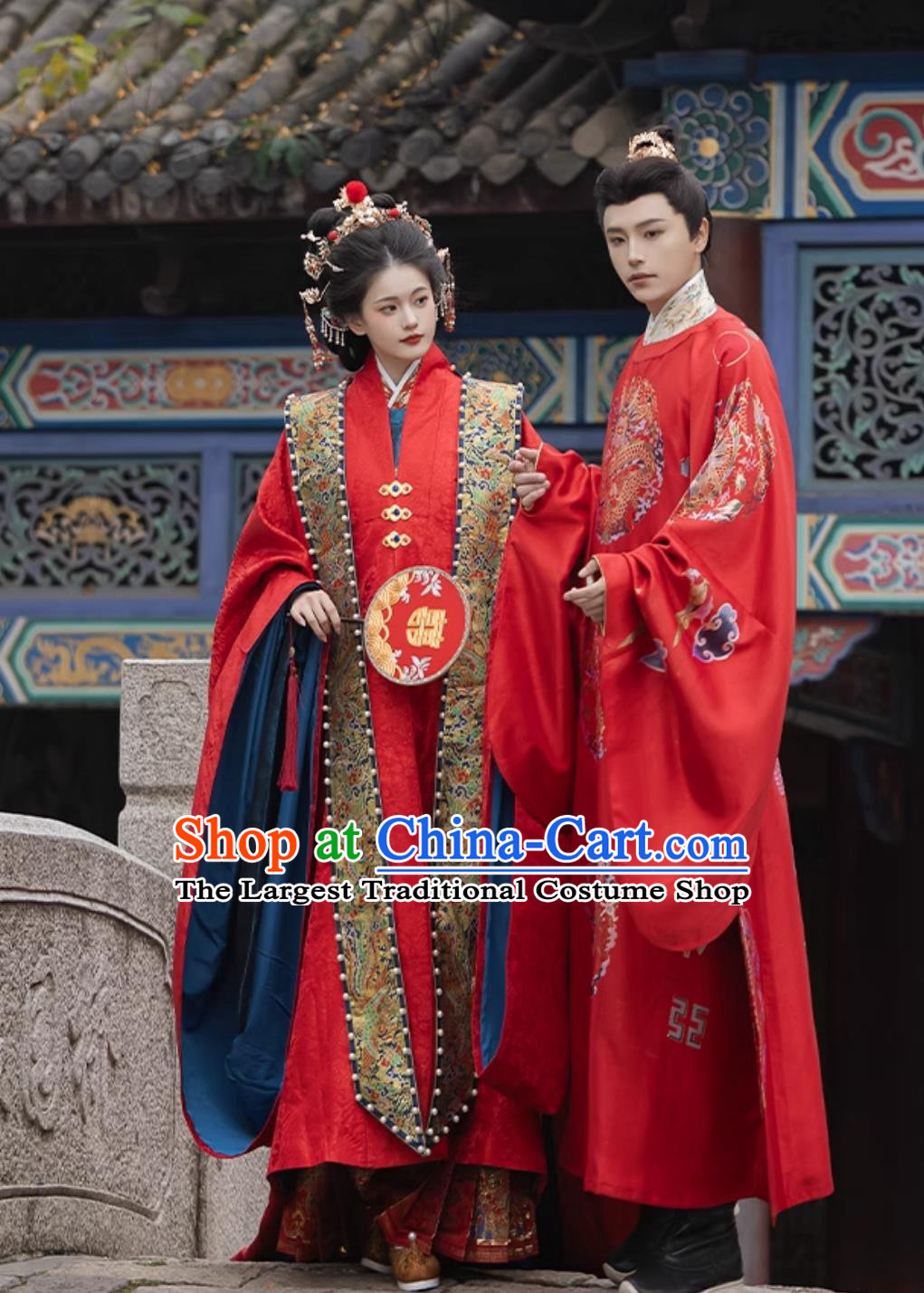Traditional Chinese Wedding Hanfu Dresses Ancient Ming Dynasty Bride and Groom 2 Costumes Complete Set