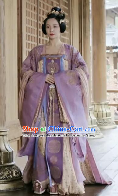 Chinese TV Series Weaving A Tale of Love Empress Wu Meiniang Purple Dresses Ancient Tang Dynasty Royal Woman Costumes