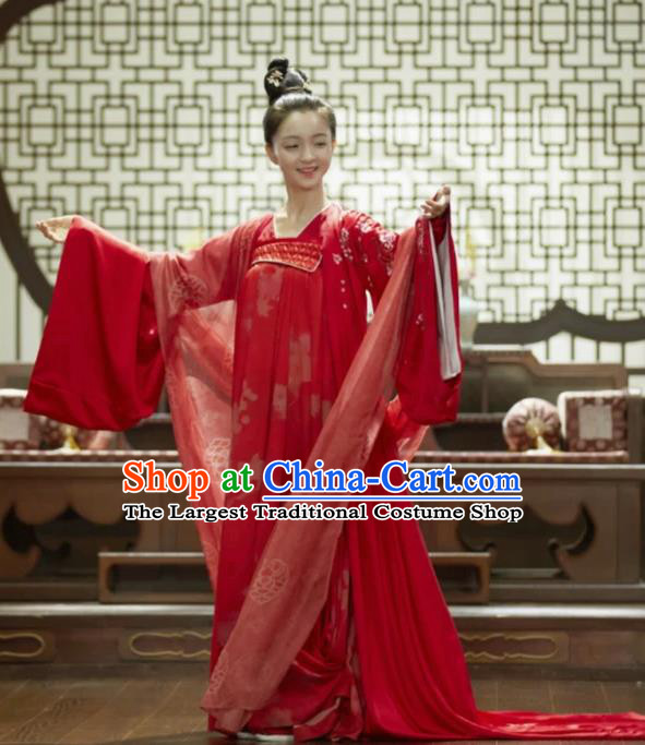 Chinese Ancient Tang Dynasty Empress Red Hanfu Dresses TV Series Weaving A Tale of Love Young Queen Wu Mei Niang Clothing