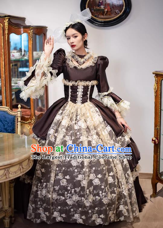 Coffee European Court Garment French Medieval British Aristocratic Clothing Clinolin Long Dress Classical Costume