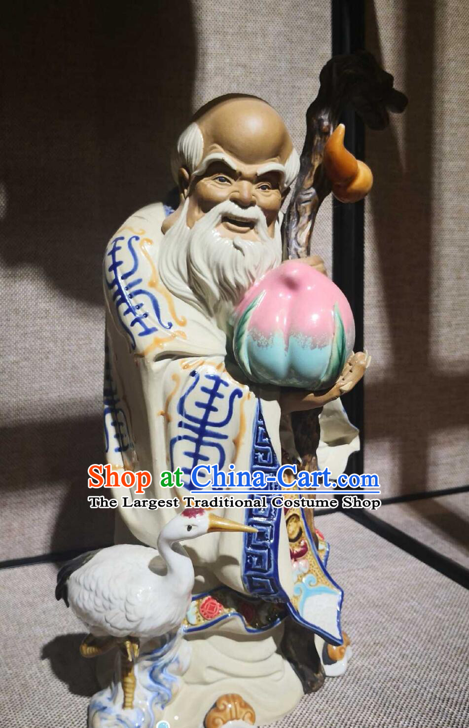 Chinese God of Longevity Figurine Shiwan Ceramic Statue Traditional Handmade Sculpture