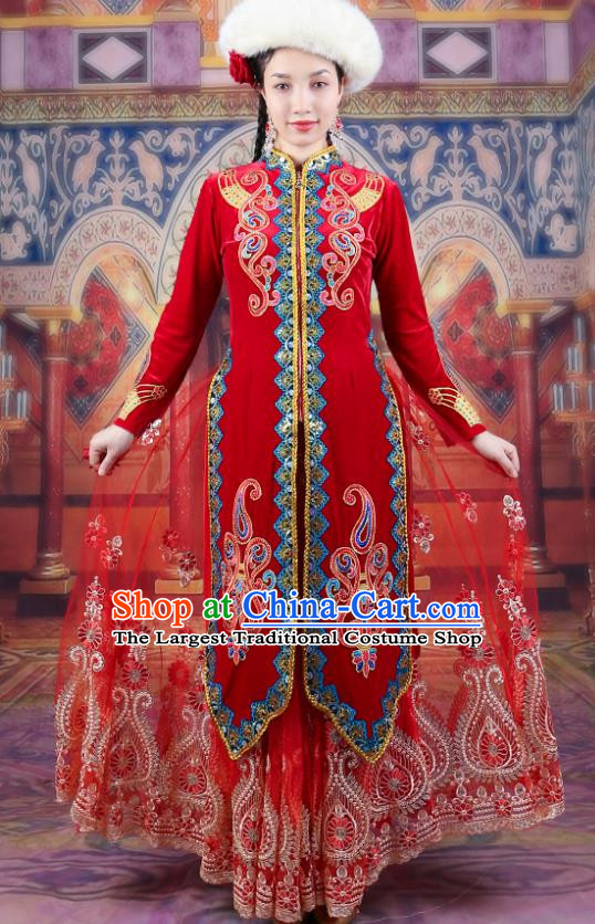 China Xinjiang Dance Costumes Ethnic Style High Definition Gold Velvet Long Coat Uyghur Stage Long Red Vest