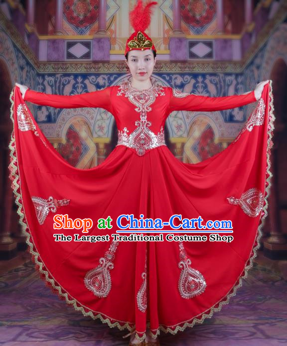 Red Chinese Xinjiang Dance Performance Costumes High End Women Dress Suit Ethnic Characteristic Dance Costume Uyghur Large Swing Skirt