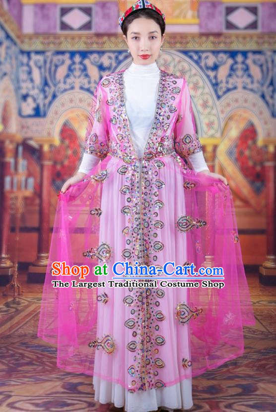 Pink China Xinjiang Dance Performance Costume Ethnic Style Bead Embroidery Women Clothing Uyghur Long Mesh Vest