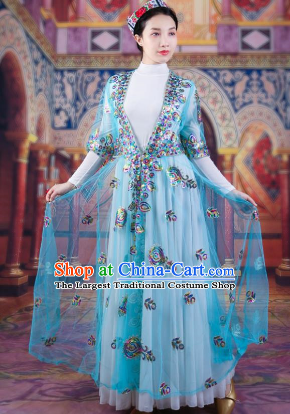 Blue Chinese Xinjiang Dance Performance Costumes Ethnic Style Beaded Embroidery Women Costumes Uyghur Long Mesh Vest