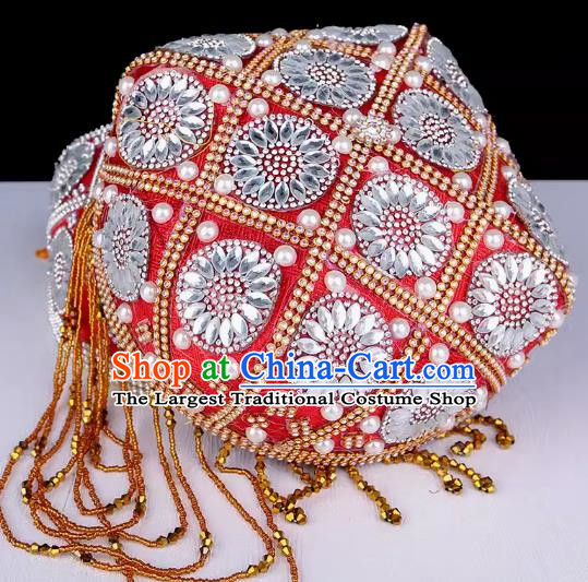China Xinjiang Dance Performance Hat Ethnic Style Pure Handmade Beaded Embroidery Headwear Uyghur Stage Performance Pearl Red Flower Hat