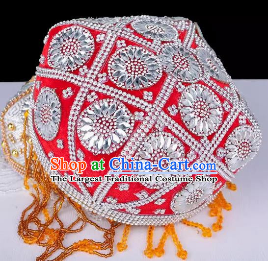 China Xinjiang Dance Performance Hat Ethnic Style Pure Handmade Beaded Embroidery Headwear Uyghur Stage Performance Silver Red Flower Hat