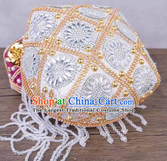 China Xinjiang Dance Performance Hat Ethnic Style Pure Handmade Beaded Embroidery Headwear Uyghur Stage Performance Yellow And White Flower Hat
