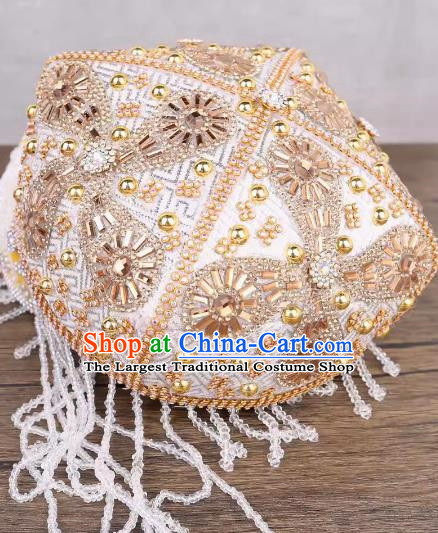 Gold And White Uighur Flower Hat Handmade Beaded Lady Red Bada Wood Flower Headdress China Xinjiang Dance Stage Hat