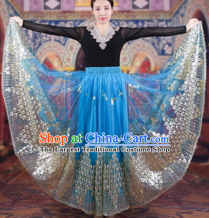 China Xinjiang Dance Performance Costumes Women Mesh Embroidered Skirt Uyghur Ethnic Style Red Large Swing Elegant Blue Skirt