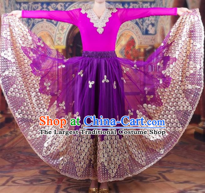China Xinjiang Dance Performance Costumes Women Mesh Embroidered Skirt Uyghur Ethnic Style Red Large Swing Elegant Purple Skirt