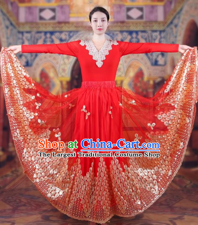 China Xinjiang Dance Performance Costumes Women Mesh Embroidered Skirt Uyghur Ethnic Style Red Large Swing Elegant Red Skirt