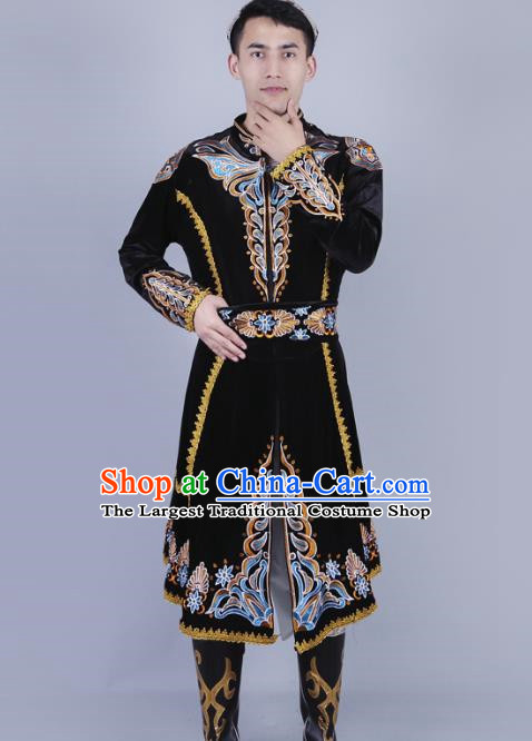 Black Men China Xinjiang Dance Performance Costume Uyghur Embroidered Skirt Stage Black Four Piece Set