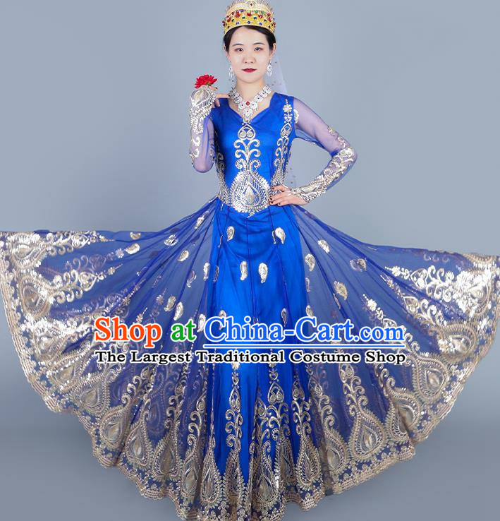 Royal Blue Chinese Xinjiang Dance Spring And Summer Mesh Embroidered Double Layer Oversized Hem Dress Ethnic Style Stage Skirt