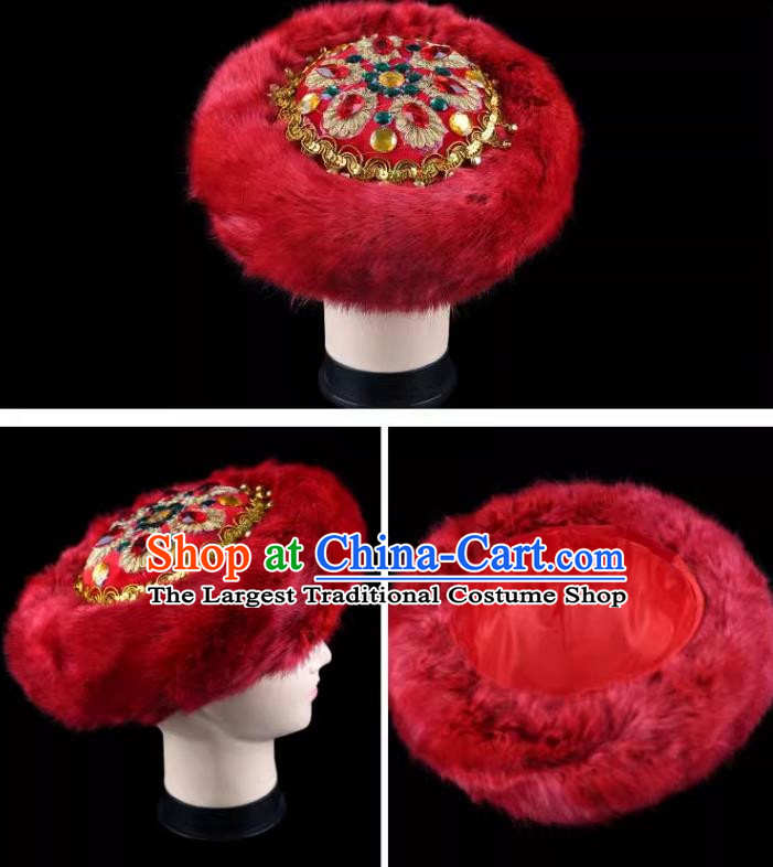 Red China Xinjiang Dance Hat Winter Dome Fur Flower Hat Hoop Hat Folk Dance Ladies Stage Performance Performance Bright Diamond