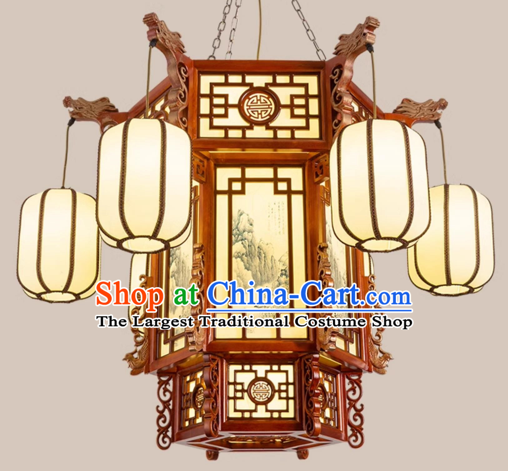 45 Inches Diameter Chinese Antique Large Chandelier Solid Wood Hexagonal Faucet Phoenix Tail Palace Lantern Ancient Building Hotel Chandelier