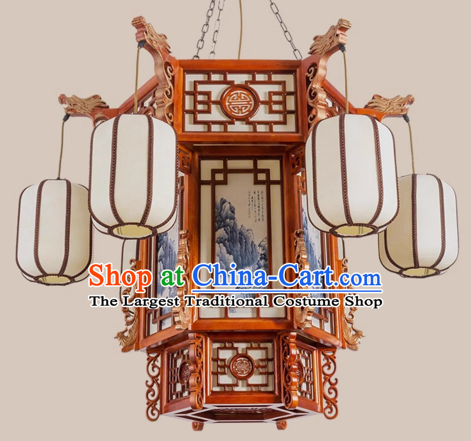 45 Inches Diameter Chinese Antique Large Chandelier Solid Wood Hexagonal Faucet Phoenix Tail Palace Lantern Ancient Building Hotel Chandelier