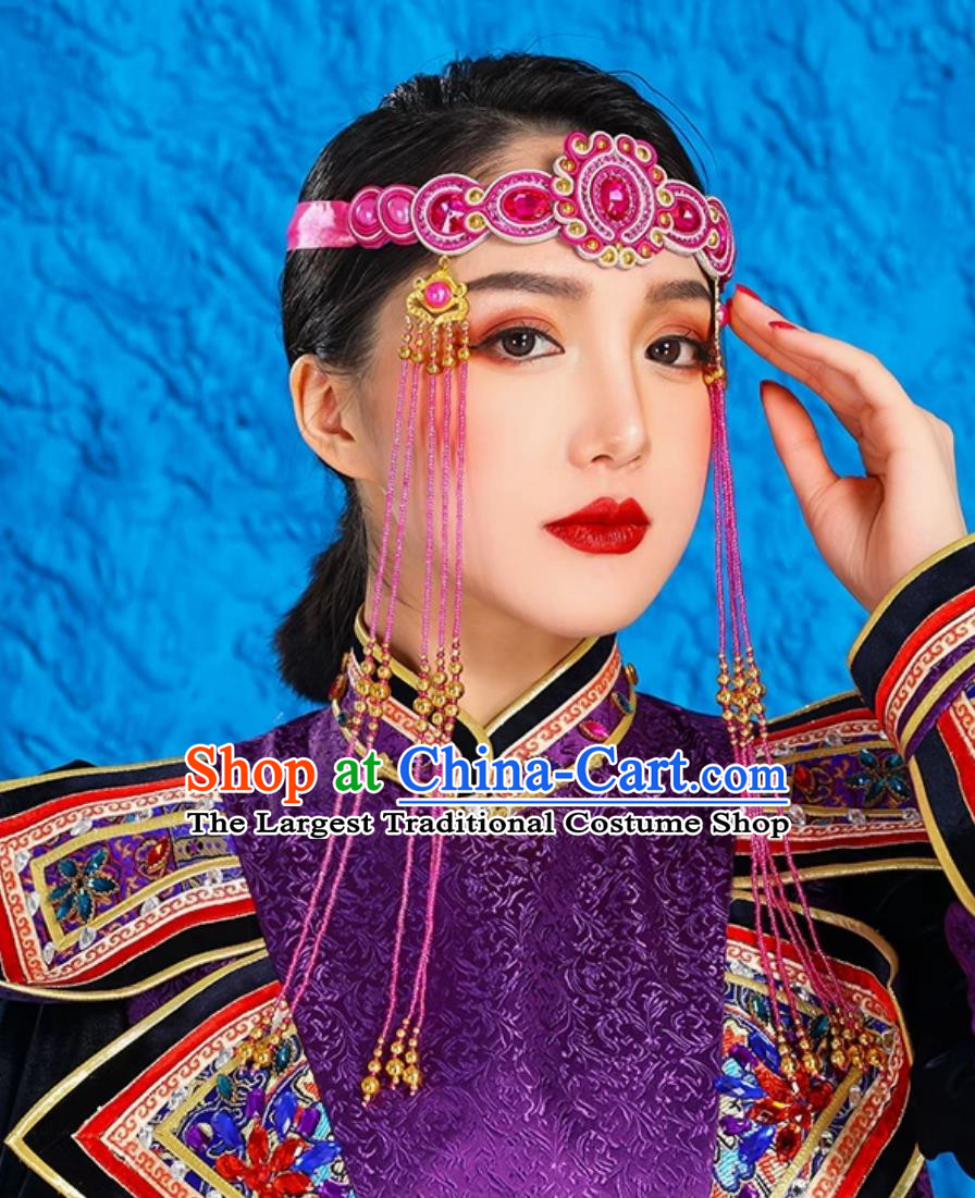 Rose Red Mongolian Female Headdress Tibetan Ethnic Minority Style Wedding Special Hair Accessories Stage Performance Tassel Beads