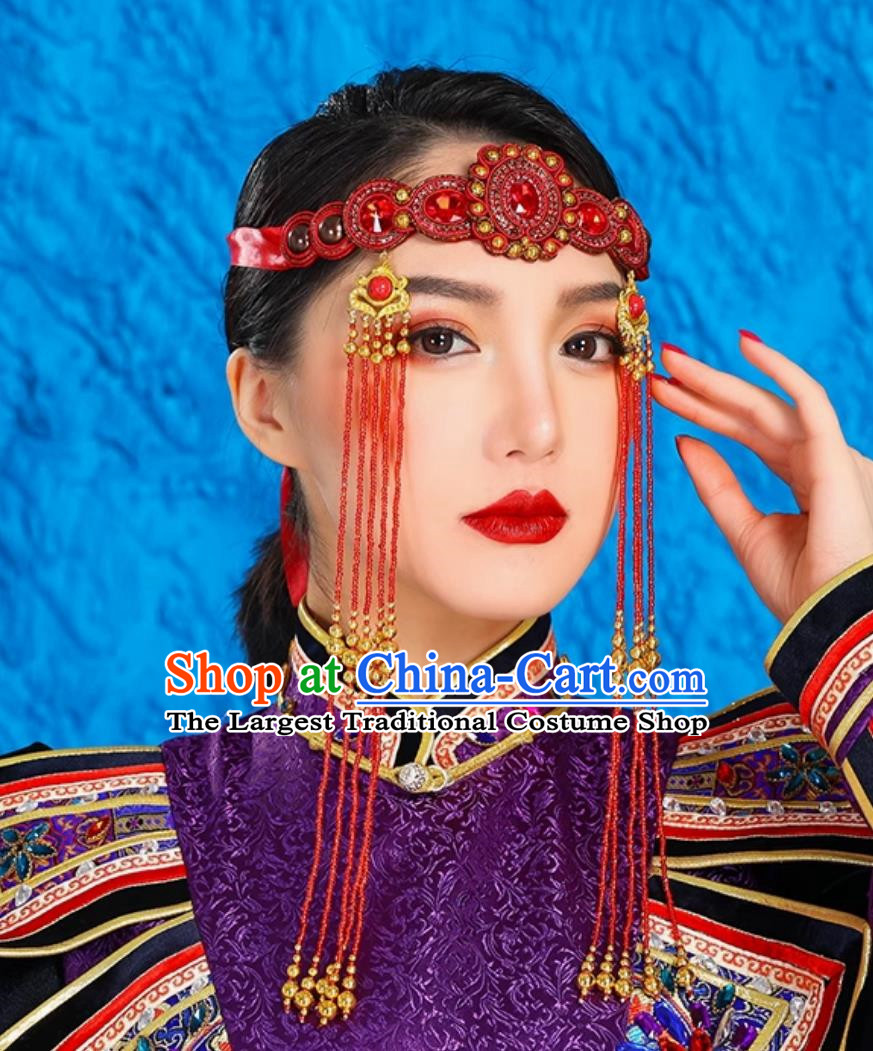 Red Mongolian Female Headdress Tibetan Ethnic Minority Style Wedding Unique Hair Accessories Stage Performance Tassel Beads