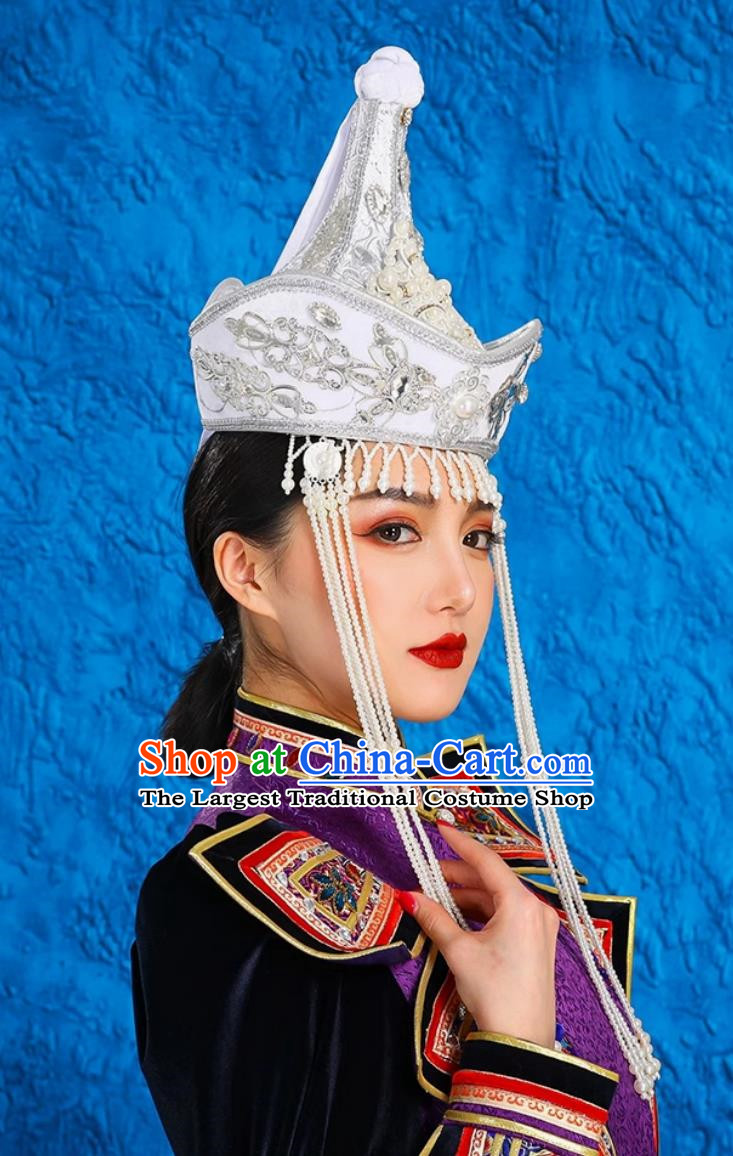 Mongolian Lady White Performance Hat Ethnic Dance Performance Headdress Wedding